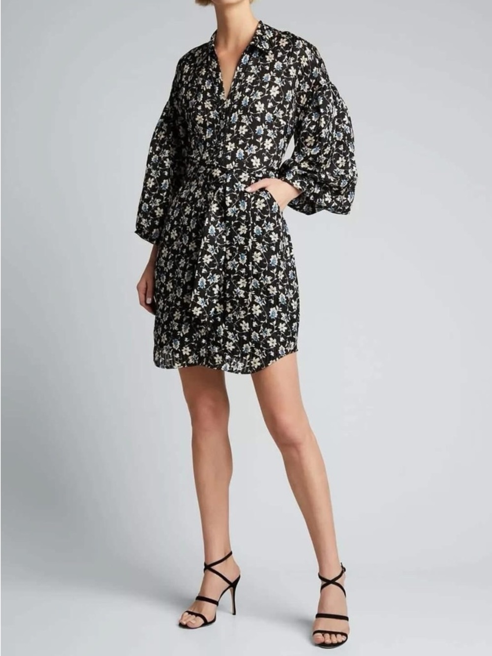 Veronica Beard Black Floral Midi Dress with White and Light Blue Accents